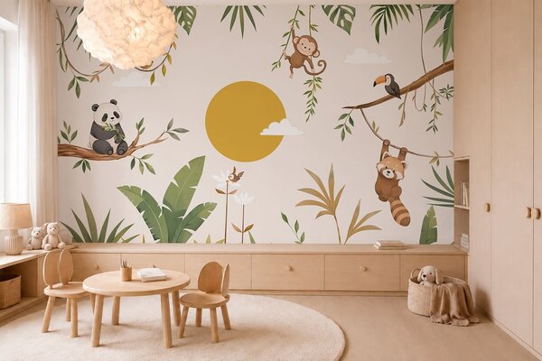 Tapet Animale tropicale printre frunziș, cu un soare mare, Fototapet Natură, w05865v2 : Uwalls.ro