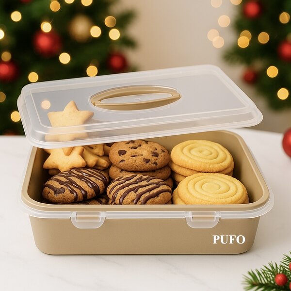Platou Pufo Cookies cu capac transparent pentru servire torturi, prajituri, briose, produse de patiserie, 32 x 23 cm, crem
