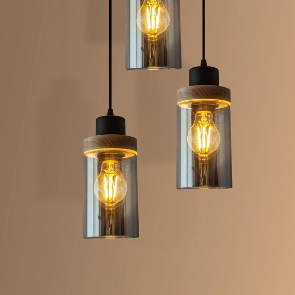 Lustră suspendată pe cablu WOODNEST 3xE27/15W/230V pin/negru fumuriu