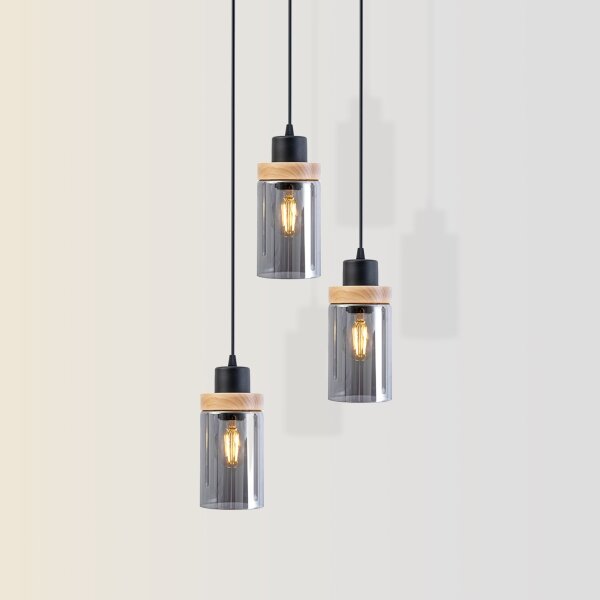 Lustră suspendată pe cablu WOODNEST 3xE27/15W/230V pin/negru fumuriu