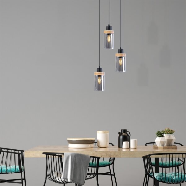 Lustră suspendată pe cablu WOODNEST 3xE27/15W/230V pin/negru fumuriu