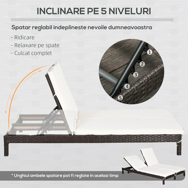Outsunny Șezlong cu 2 Locuri din Oțel și Ratan Maro Alb cu Spătar Reglabil pentru Confort Maxim în Grădină 195x120x28cm | Aosom Romania