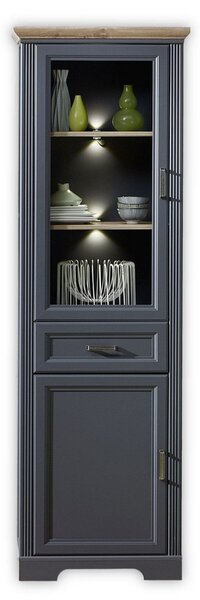 Vitrina JASMIN, gri grafit/stejar artisan, PAL/sticla, cu iluminare LE