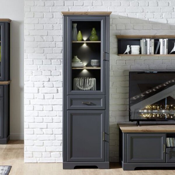 Vitrina JASMIN, gri grafit/stejar artisan, PAL/sticla, cu iluminare LE
