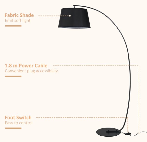HOMCOM Lampa de Podea Arc Inalta, Design Modern cu Abajur din Tesatura si Baza Metalica, Comutator cu Pedala, Negru | Aosom Romania