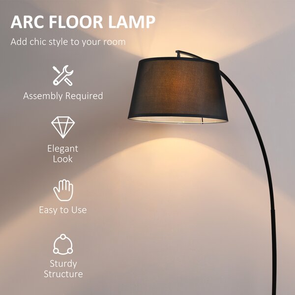 HOMCOM Lampa de Podea Arc Inalta, Design Modern cu Abajur din Tesatura si Baza Metalica, Comutator cu Pedala, Negru | Aosom Romania