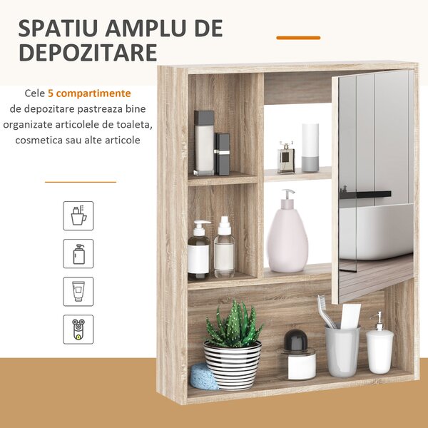 Kleankin Dulap Baie cu Oglindă Raft Reglabil Montare Pe Perete Stejar 60x15x76cm Design Elegant | Aosom Romania