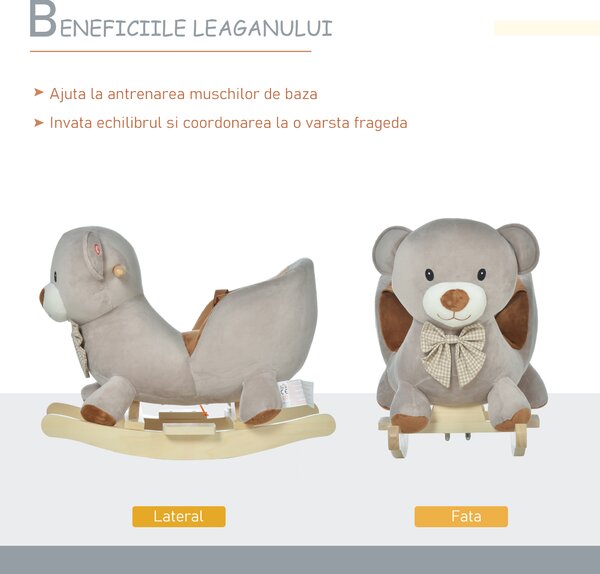 Cal tip Balansoar HOMCOM in Forma de Urs leagan cu Sunete, Calut tip jucarie moale pentru Copii 18-36 luni Interactiv, Gri, 60x33x50cm | Aosom Romania