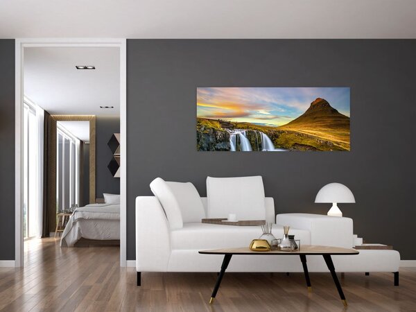 Tablou cu munții și cascade pe Islanda (120x50 cm)