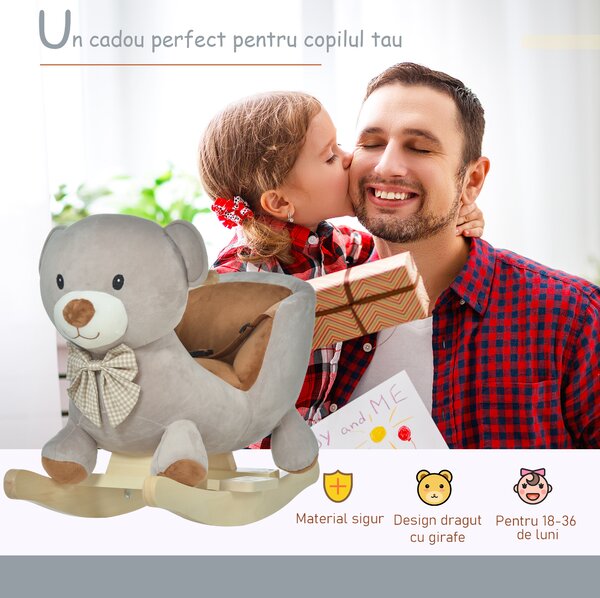 Cal tip Balansoar HOMCOM in Forma de Urs leagan cu Sunete, Calut tip jucarie moale pentru Copii 18-36 luni Interactiv, Gri, 60x33x50cm | Aosom Romania
