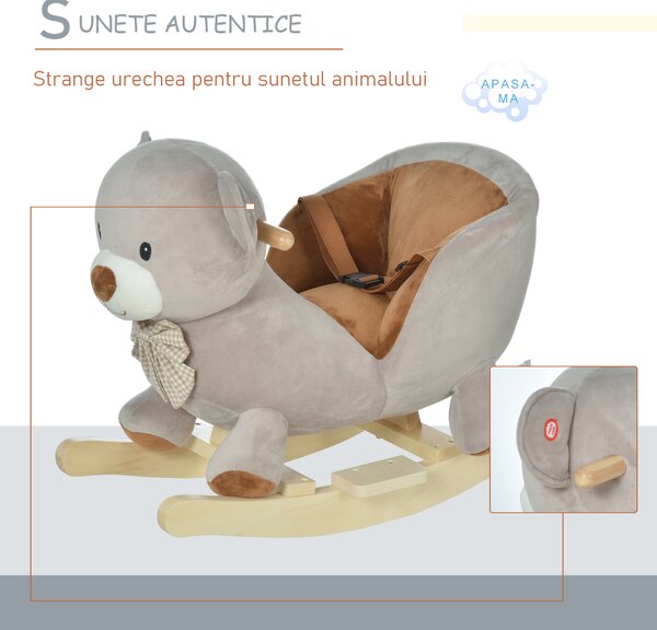 Cal tip Balansoar HOMCOM in Forma de Urs leagan cu Sunete, Calut tip jucarie moale pentru Copii 18-36 luni Interactiv, Gri, 60x33x50cm | Aosom Romania