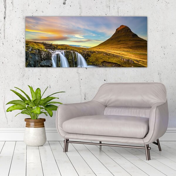 Tablou cu munții și cascade pe Islanda (120x50 cm)