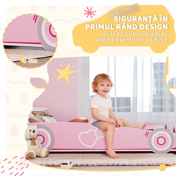 AIYAPLAY Pat pentru Copii de 3-5 Ani în Formă de Mașină cu Margini Ridicate de Siguranță, 140x70 cm, Roz | Aosom Romania