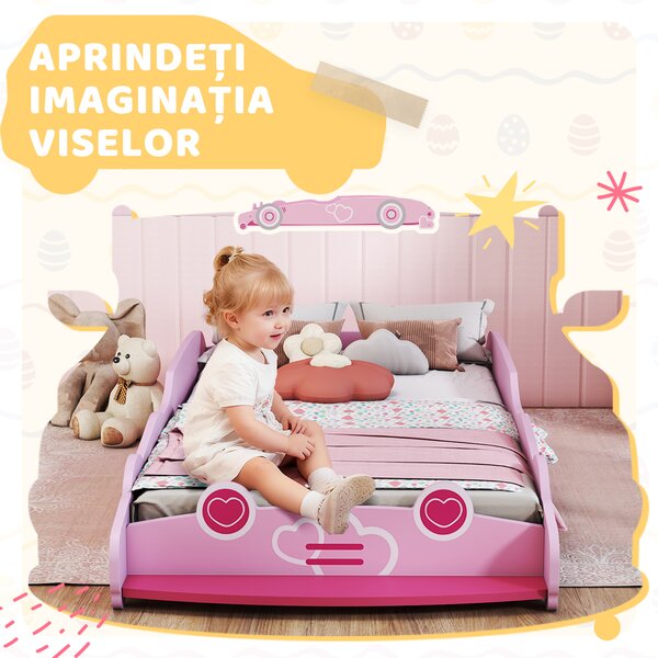 AIYAPLAY Pat pentru Copii de 3-5 Ani în Formă de Mașină cu Margini Ridicate de Siguranță, 140x70 cm, Roz | Aosom Romania