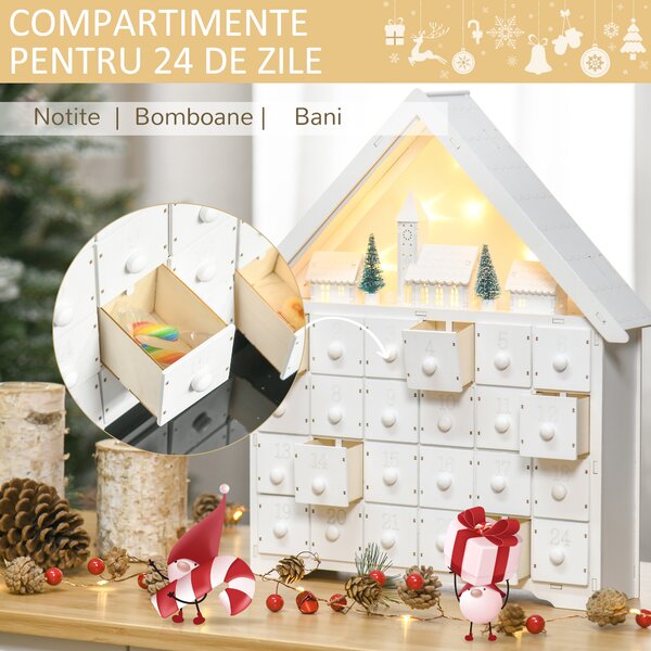 Calendar de Advent, Calendar din Lemn cu 24 sertare, decoratiune de craciun cu lumini HOMCOM | Aosom Romania
