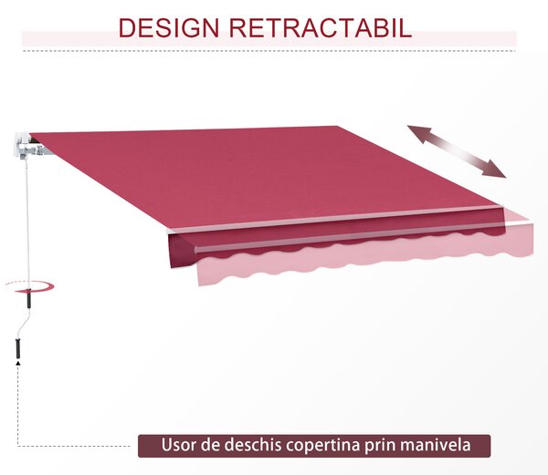 Outsunny Copertină Retractabilă Manuală pentru Grădină, Protecție Solară, Cadru Metal și Aluminiu, 4x2.5m, Roșu Închis | Aosom Romania