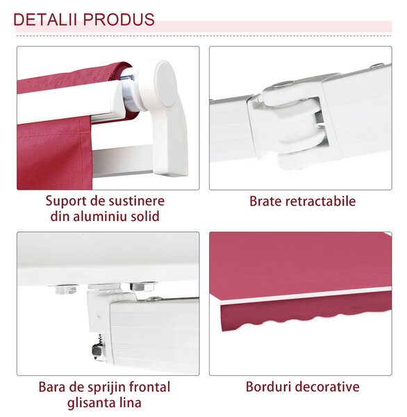 Outsunny Copertină Retractabilă Manuală pentru Grădină, Protecție Solară, Cadru Metal și Aluminiu, 4x2.5m, Roșu Închis | Aosom Romania