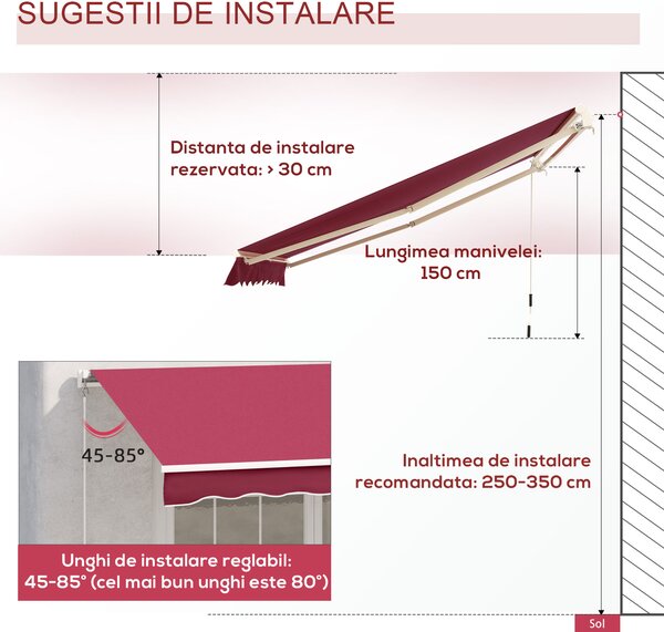 Outsunny Copertină Retractabilă Manuală pentru Grădină, Protecție Solară, Cadru Metal și Aluminiu, 4x2.5m, Roșu Închis | Aosom Romania