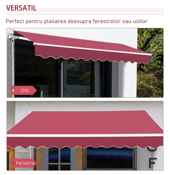 Outsunny Copertină Retractabilă Manuală pentru Grădină, Protecție Solară, Cadru Metal și Aluminiu, 4x2.5m, Roșu Închis | Aosom Romania