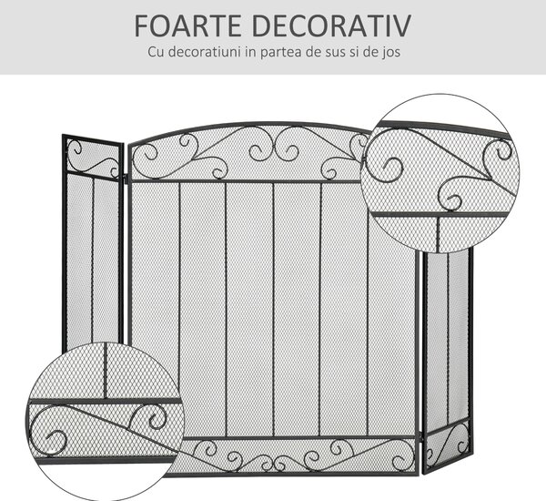 Parascantei pentru Semineu, protectie de scantei pentru semineu Pliabil, 3 Panouri Metal si Otel Negru 105x1,6x80,5cm HOMCOM | Aosom Romania