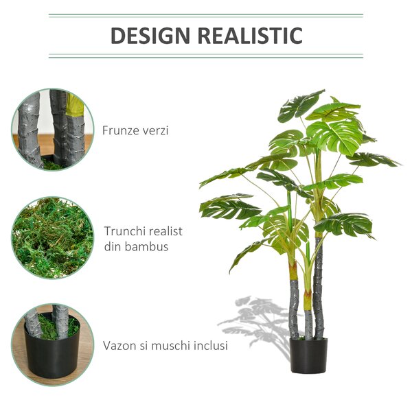 HOMCOM Monastera Planta Artificiala de Interior si Exterior, Planta Artificiala cu efect Realist cu 20 de Frunze, 120 cm | Aosom Romania