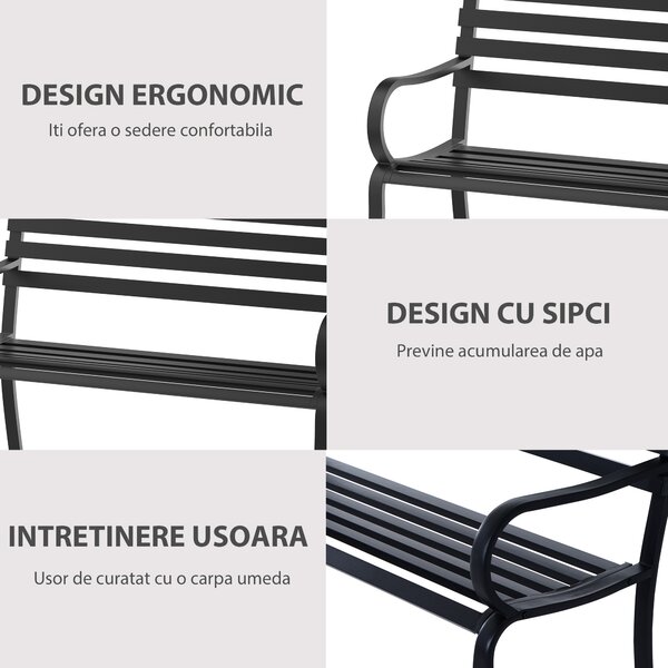 Outsunny Banca de gradina scaun de gradina din metal 2 locuri impermeabila neagra 127 x 62 x 82cm
