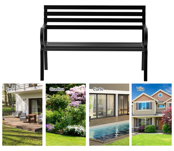 Outsunny Banca de gradina scaun de gradina din metal 2 locuri impermeabila neagra 127 x 62 x 82cm