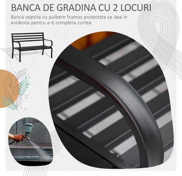 Outsunny Banca de gradina scaun de gradina din metal 2 locuri impermeabila neagra 127 x 62 x 82cm