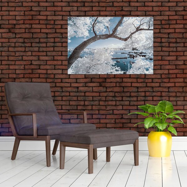 Tablou cu copac înzăpezit lângă apă (90x60 cm)