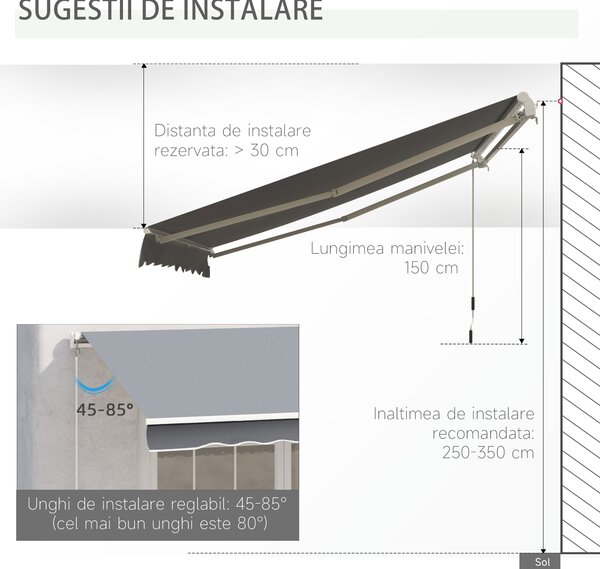 Outsunny Copertină Rulou Manuală pentru Uși și Ferestre, din Aluminiu și Poliester Anti-UV, 295x245cm, Gri | Aosom Romania