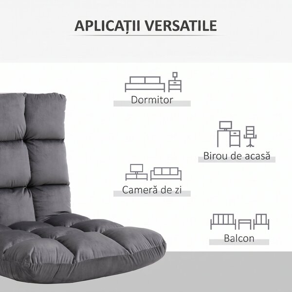 HOMCOM Fotoliu de Podea din Catifea cu Spătar Reglabil până la 180° și Tapițerie Groasă, 55x71x53.5cm, Gri Închis | Aosom Romania