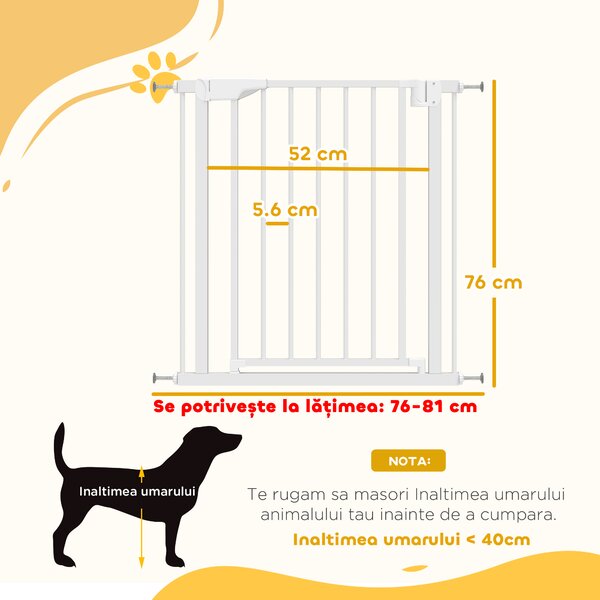 PawHut Poartă de Siguranță pentru Copii și Animale, Poartă pentru Câini cu Închidere Automată, Deschidere în Ambele Direcții, Montare prin Presiune, 76-82x76 cm, Alb | Aosom Romania