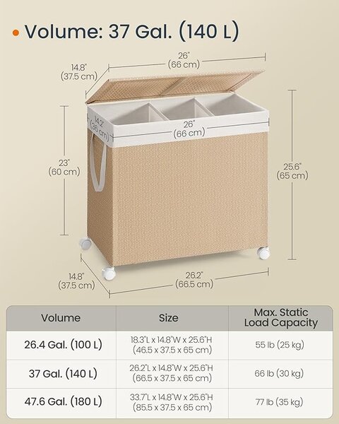 Cos de rufe Songmics, Natur, LCB602N01, 66.5 x 37.5 x 65 cm