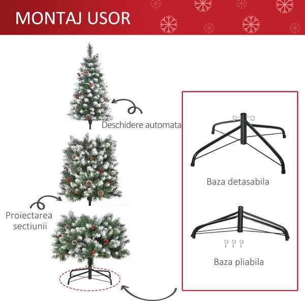 Brad de Craciun Artificial acoperit180cm cu Zapada Baza Detasabila 618 Ramuri, decoratiuni de Craciun HOMCOM | Aosom Romania