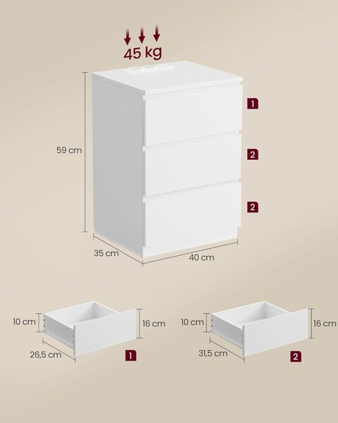 Noptiera, Vasagle, Alb, LET631W14V1, 35 x 40 x 59 cm