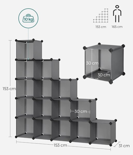 Set 15 cuburi pentru depozitare, Songmics, Negru, 153 x 31 x 153 cm