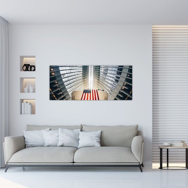 Tablou unei construcții cu steagul SUA (120x50 cm)