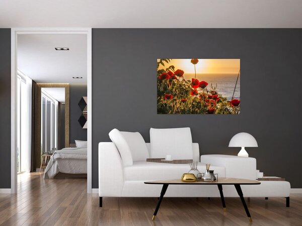 Tablou cu apus de soare cu flori de maci (90x60 cm)