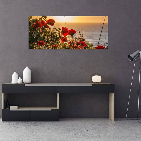Tablou cu apus de soare cu flori de maci (120x50 cm)