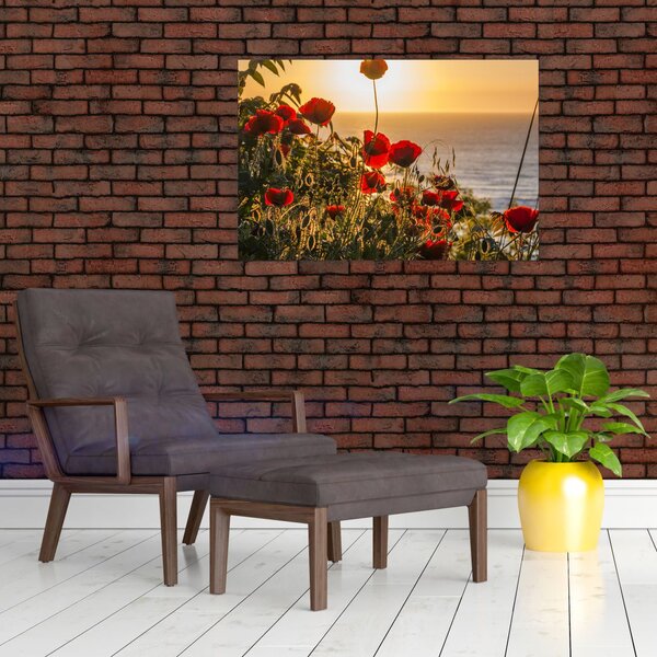 Tablou cu apus de soare cu flori de maci (90x60 cm)