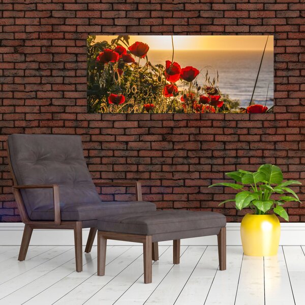 Tablou cu apus de soare cu flori de maci (120x50 cm)