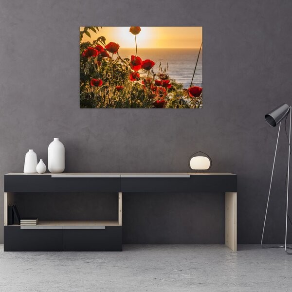Tablou cu apus de soare cu flori de maci (90x60 cm)