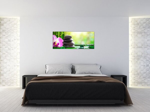 Tablou cu pietre pentru masaj și orhidee (120x50 cm)