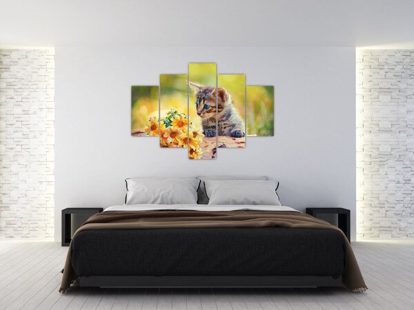 Tablou cu pisicuța uitându-se la floare (150x105 cm)