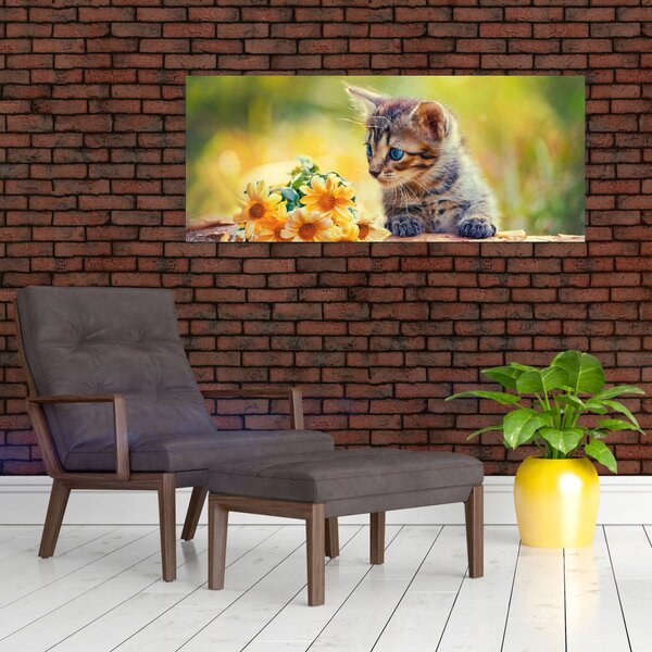 Tablou cu pisicuța uitându-se la floare (120x50 cm)