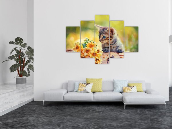 Tablou cu pisicuța uitându-se la floare (150x105 cm)