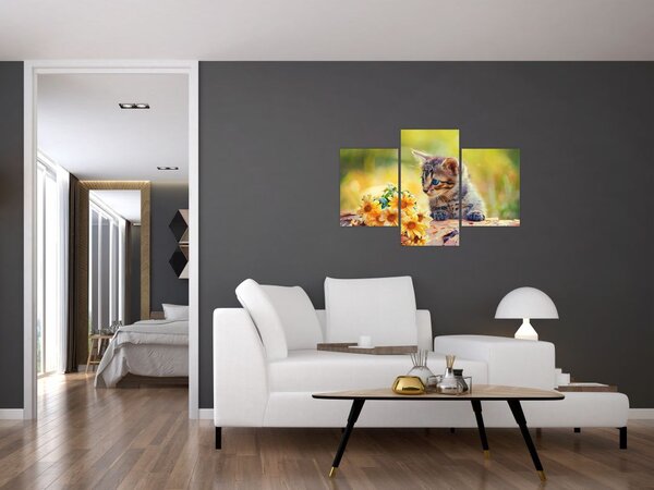 Tablou cu pisicuța uitându-se la floare (90x60 cm)