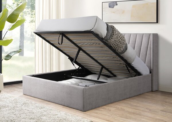 Pat tapitat Prestige 2, 160x200, cu somiera metalica rabatabila si spatiu de depozitare, culoare Crem