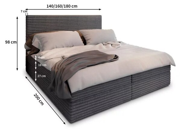 Pat tapițat boxspring ISPIRA 140x200 cm gri Saltea: Saltea cu arcuri Bonell