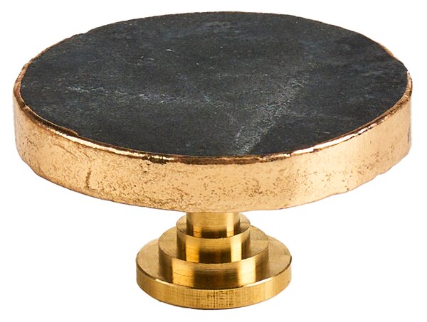 Maner mobilier tip buton onuvio™ din cristal natural și piatră semiprețioasă rotund cu insertii aurii si bază din alamă - design unic hand-made, model m14 - negru